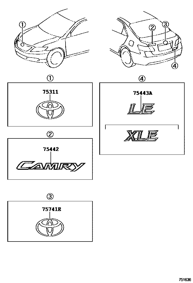 Toyota CAMRY 丰田徽标和铭牌(车外和车内) EPC diagram — 751636