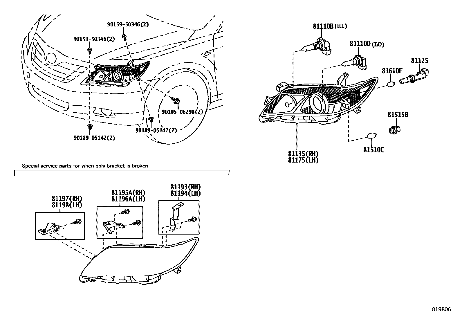 Toyota CAMRY Headlamp EPC diagram — 819806
