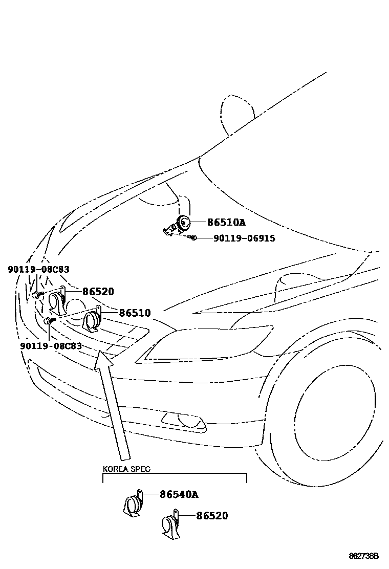 Toyota CAMRY 喇叭 EPC diagram — 862738B