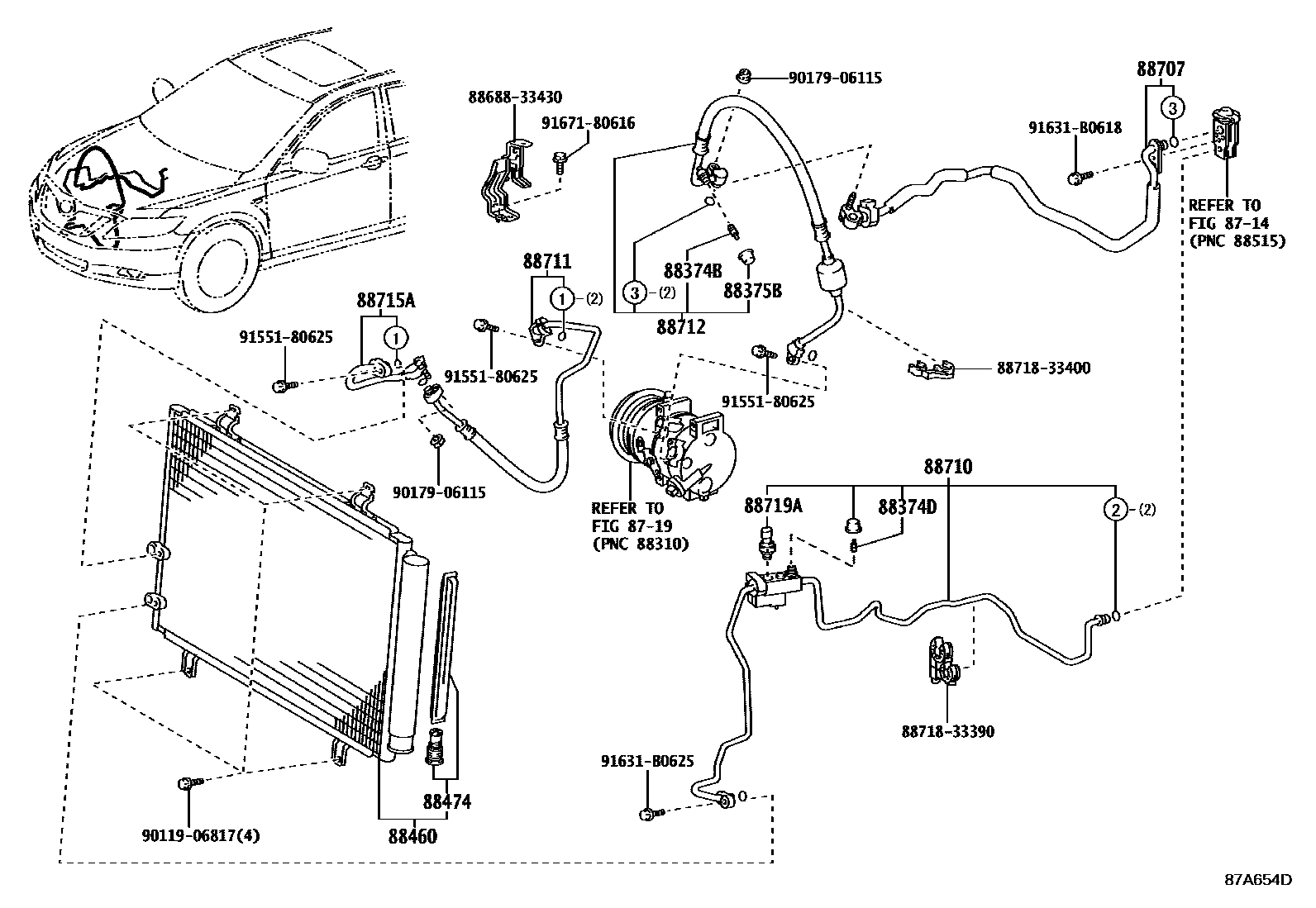 Toyota CAMRY Heating & Air Conditioning - Cooler Piping EPC diagram — 87A654D