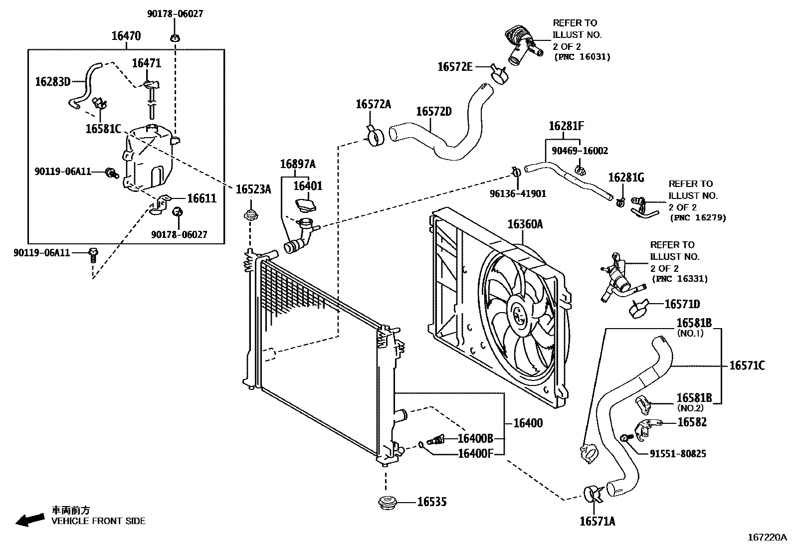 Toyota CAMRY RADIATOR & WATER OUTLET EPC diagram — 167220A