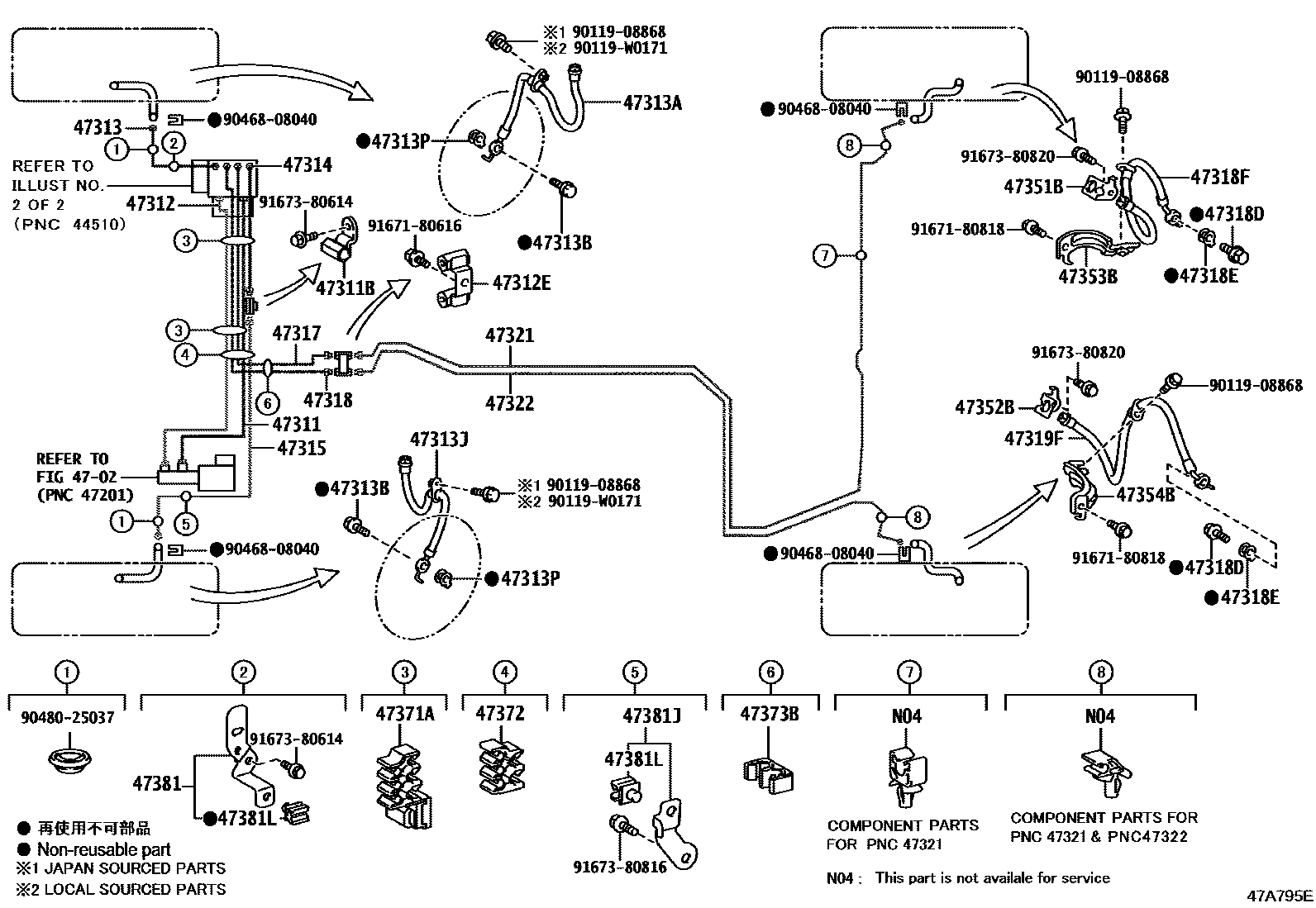 Toyota CAMRY 制动配管和卡箍 EPC diagram — 47A795E