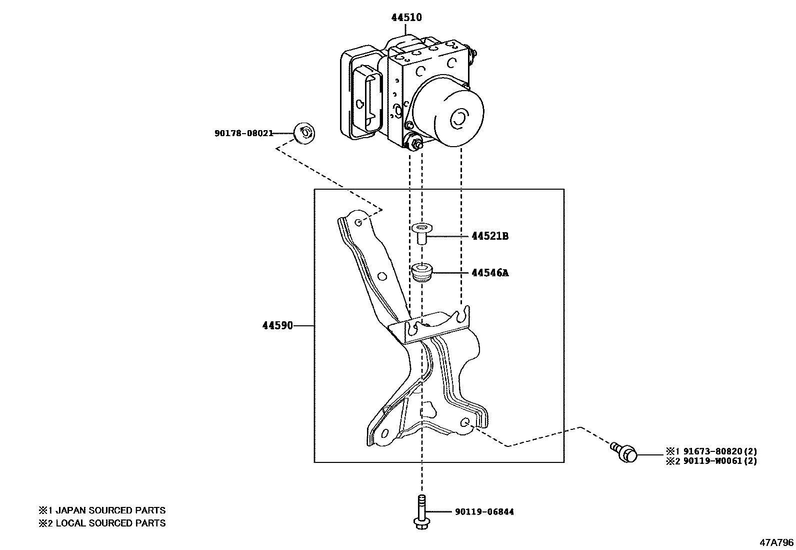 Toyota CAMRY 制动配管和卡箍 EPC diagram — 47A796