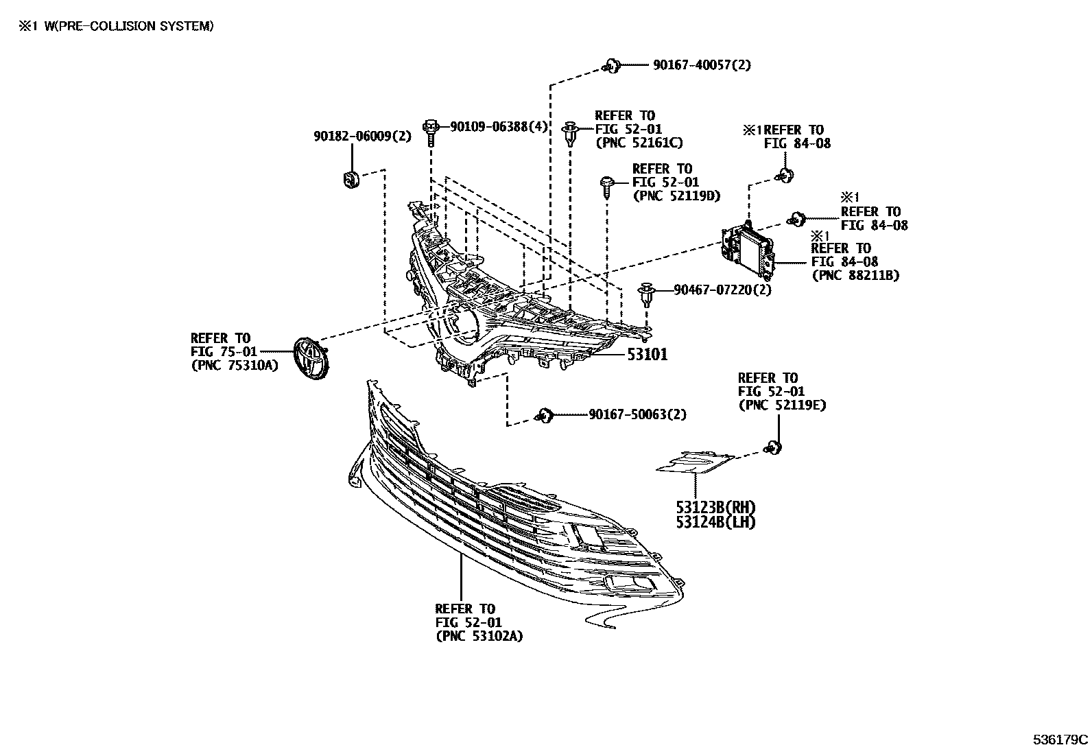 Toyota CAMRY radiator grille EPC diagram — 536179C