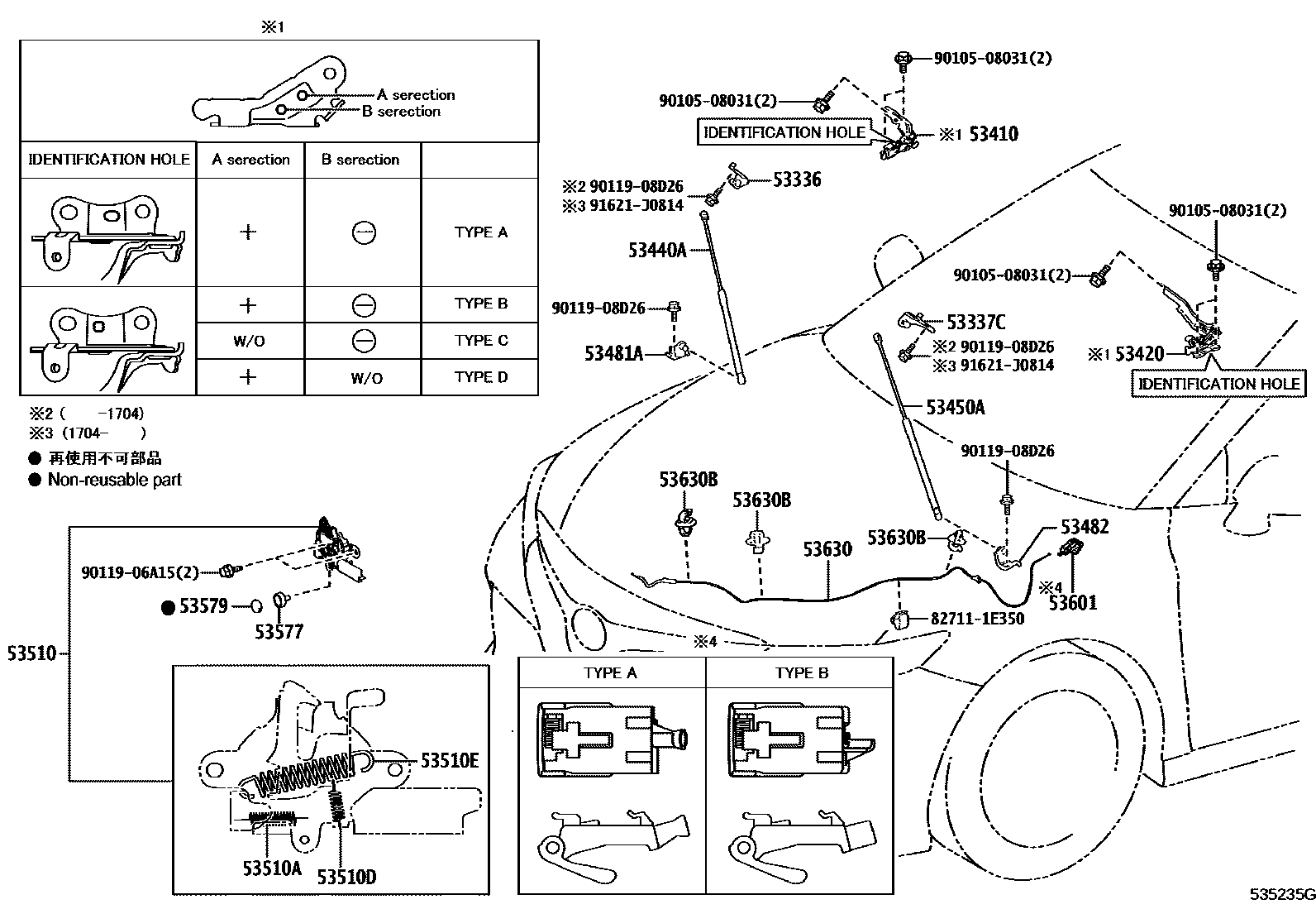 Toyota CAMRY 发动机盖锁和铰链 EPC diagram — 535235F