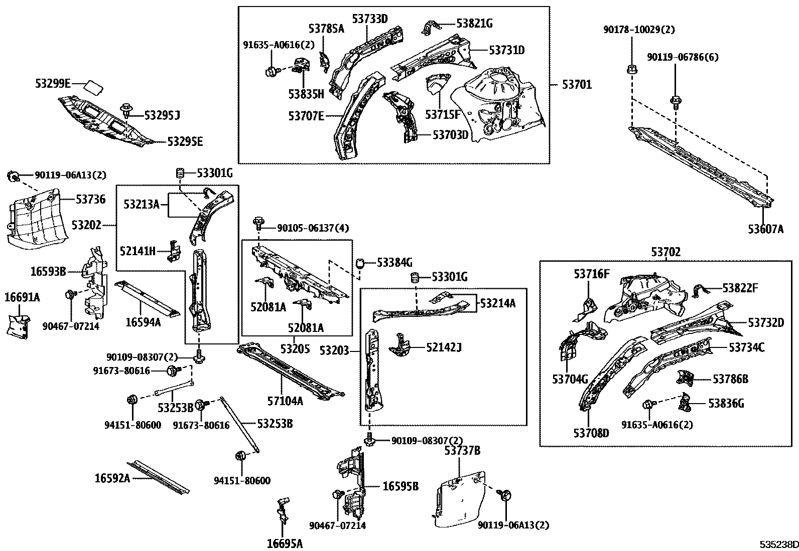 Toyota CAMRY 前翼子板挡泥板和前围板 EPC diagram — 535238D