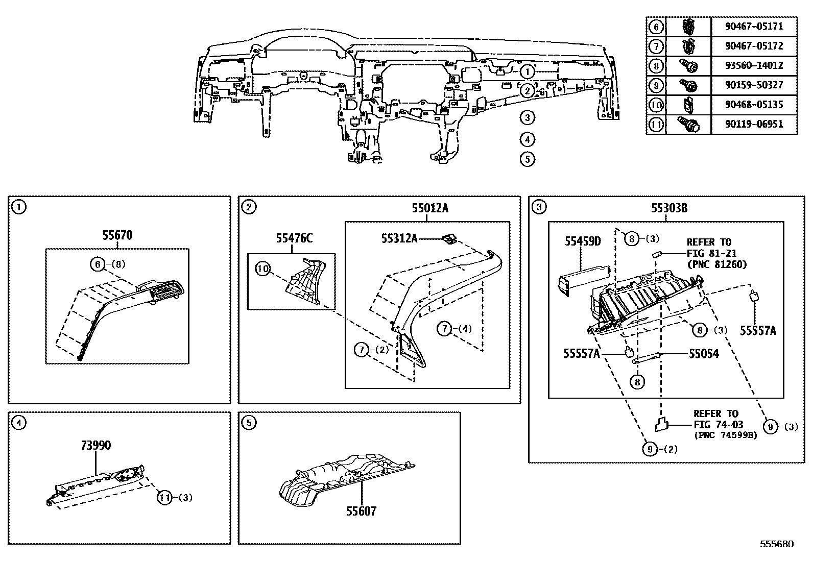 Toyota CAMRY 仪表板和手套箱 EPC diagram — 555680