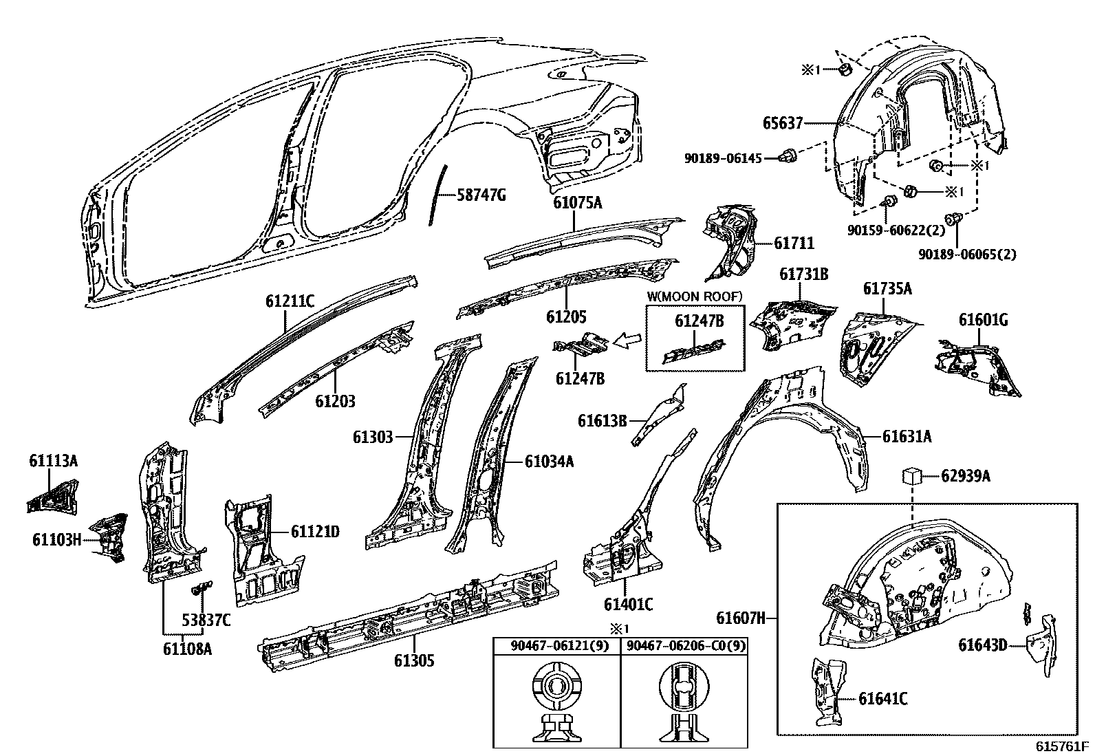 Toyota CAMRY 侧梁 EPC diagram — 615761F