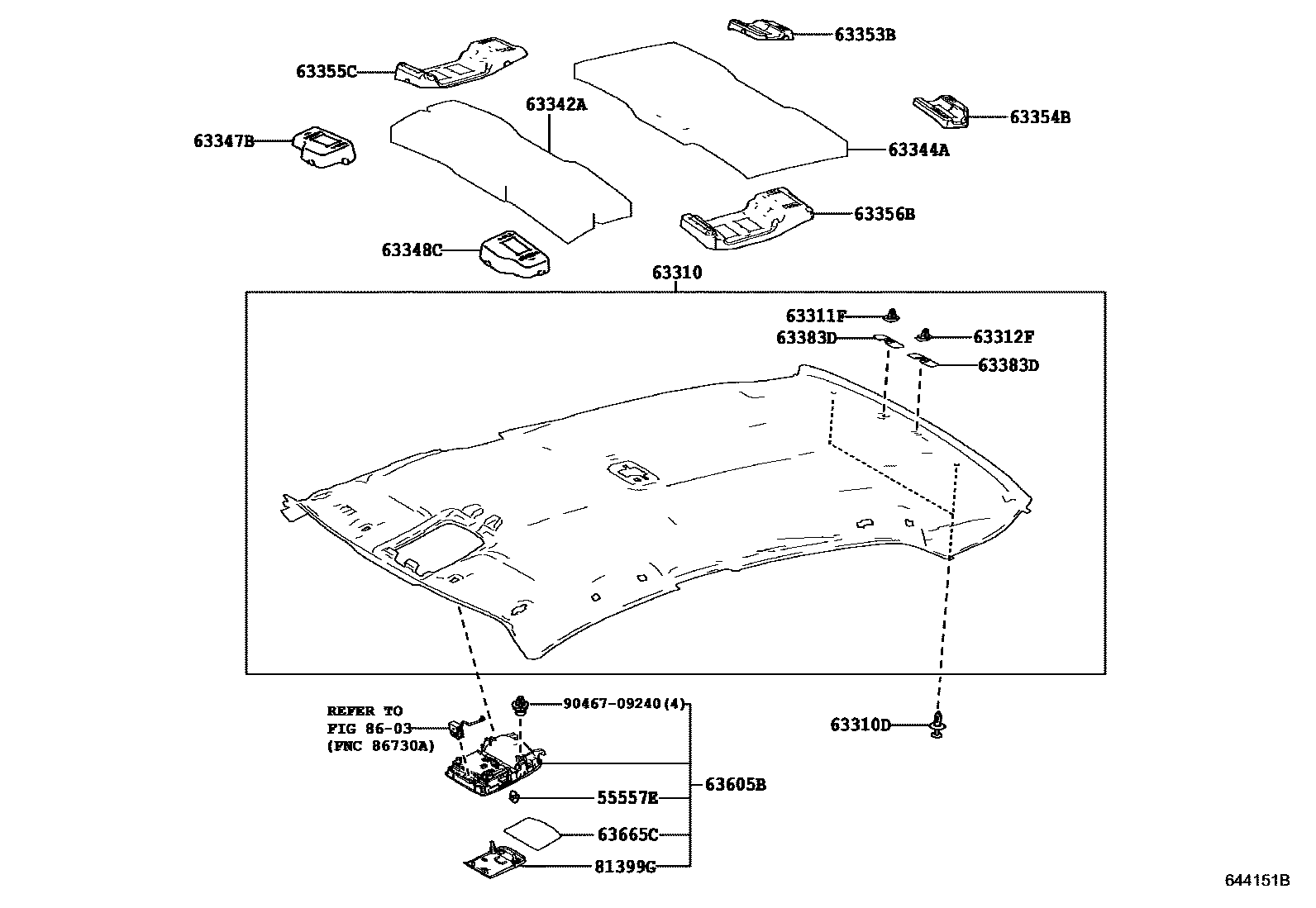 Toyota CAMRY 车顶内衬和消声垫 EPC diagram — 644151B