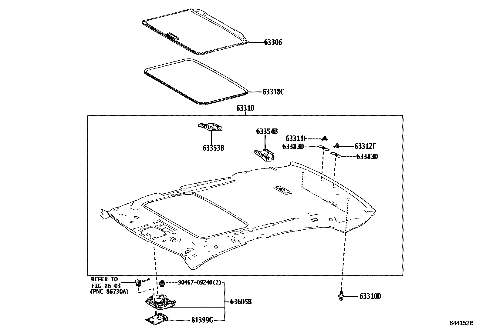 Toyota CAMRY 车顶内衬和消声垫 EPC diagram — 644152B