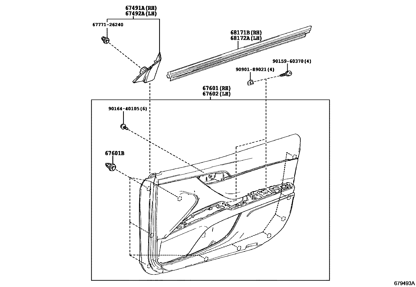 Toyota CAMRY 前门板和前门玻璃 EPC diagram — 679493A