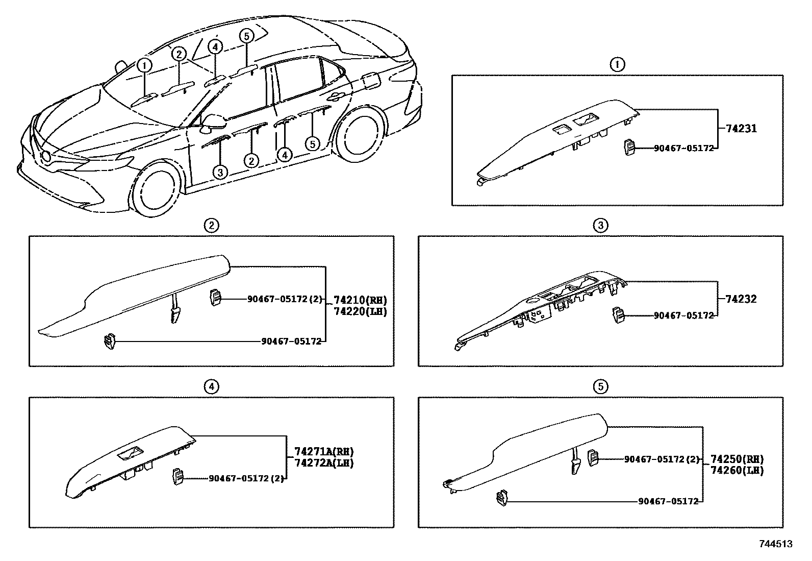 Toyota CAMRY 扶手和遮阳板 EPC diagram — 744513