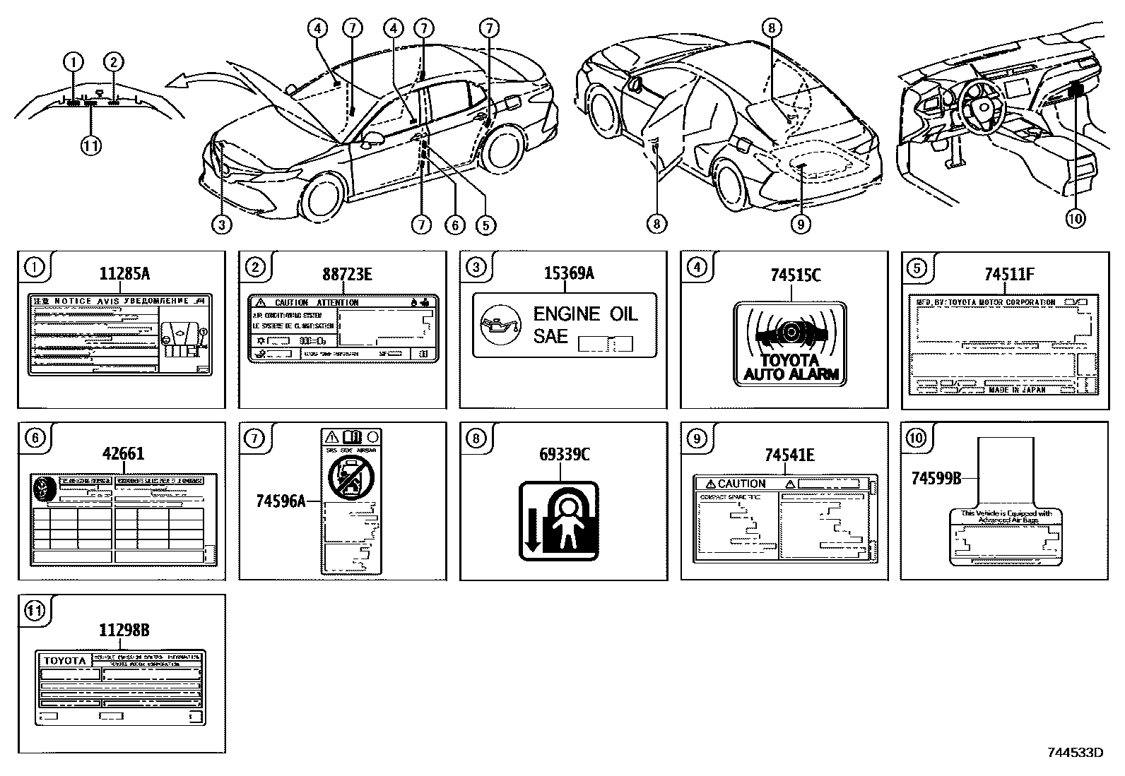 Toyota CAMRY 警示铭牌(车外和车内) EPC diagram — 744533D