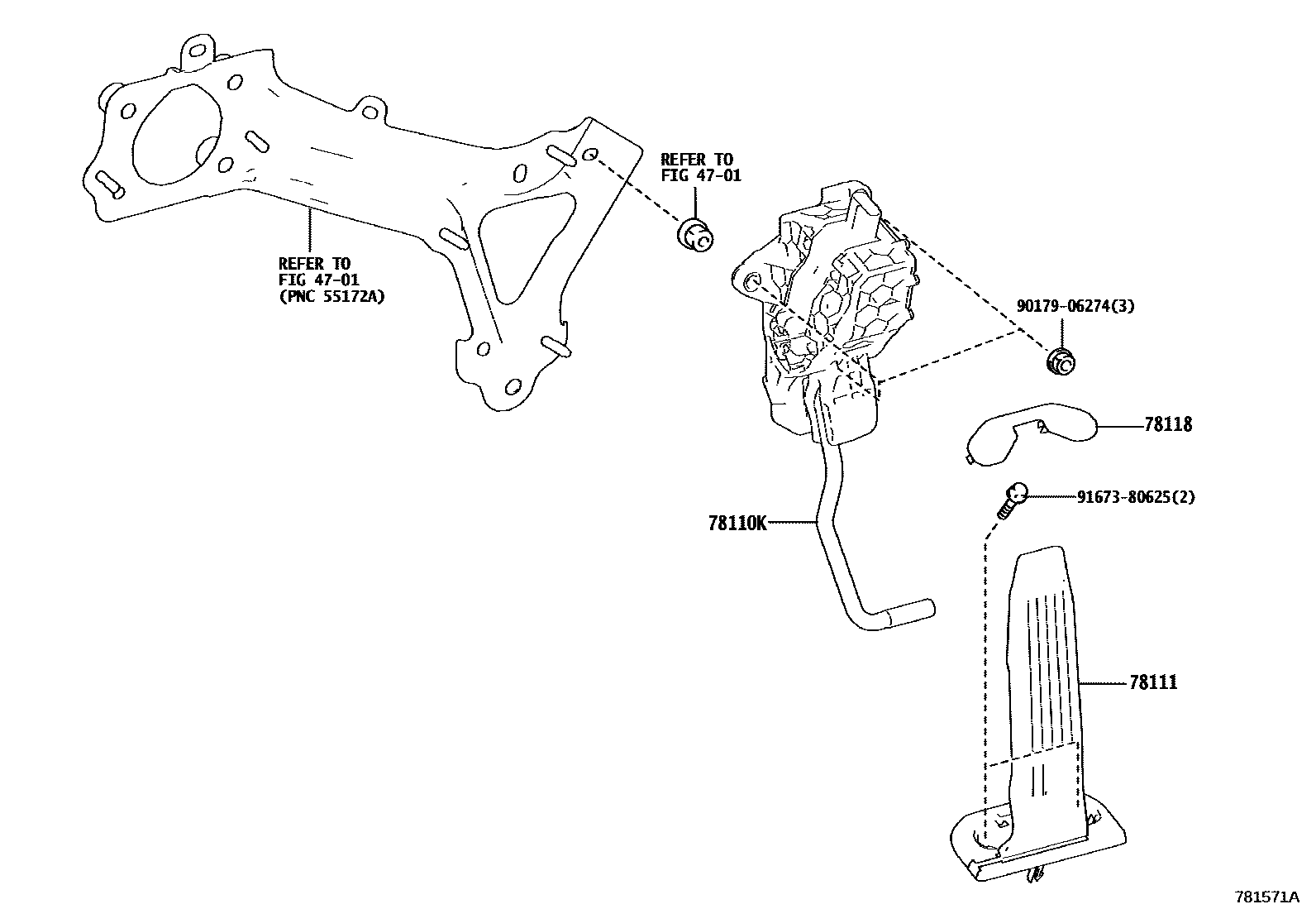 Toyota CAMRY accelerator pedal connecting rod EPC diagram — 781571A