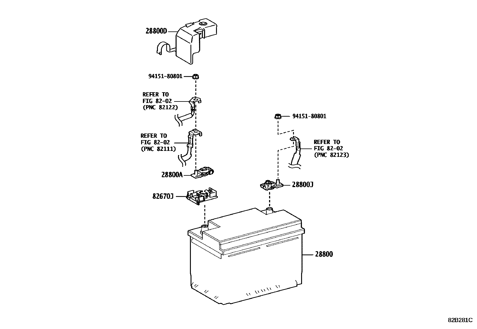 Toyota CAMRY 蓄电池和蓄电池电缆 EPC diagram — 82B281C