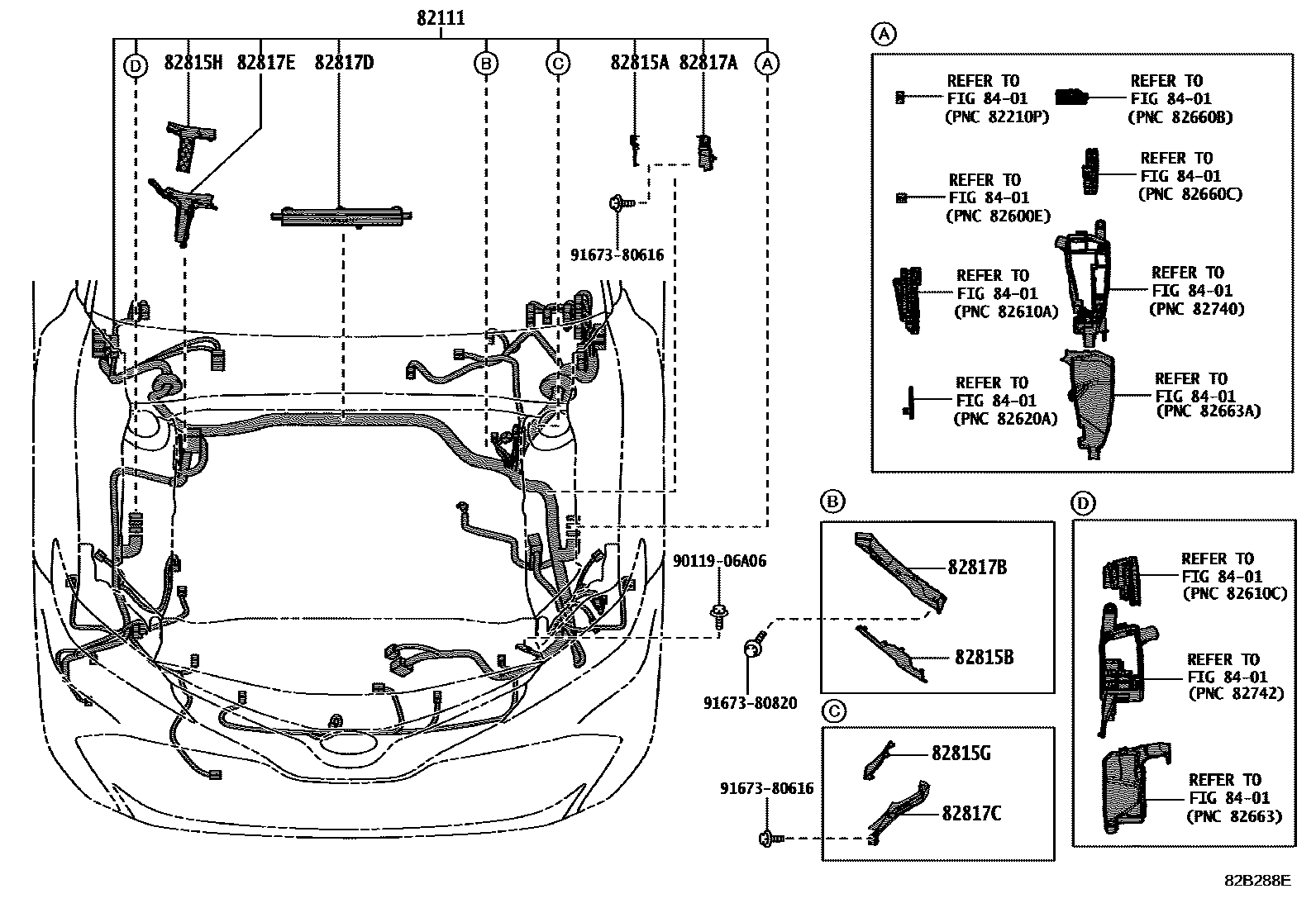 Toyota CAMRY 线束和卡夹 EPC diagram — 82B288E