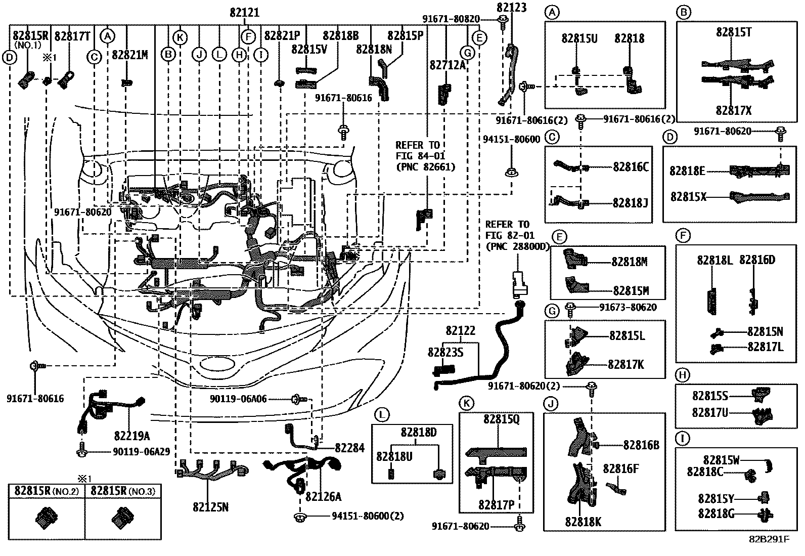Toyota CAMRY 线束和卡夹 EPC diagram — 82B291F
