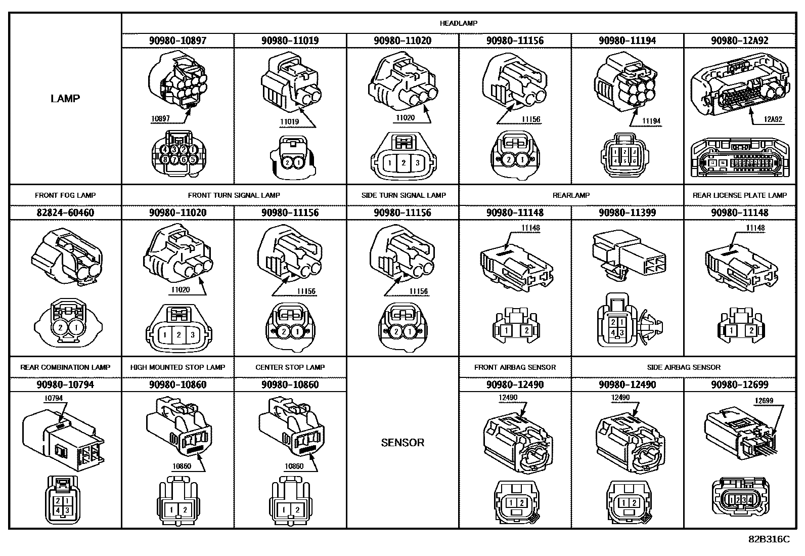 Toyota CAMRY 线束和卡夹 EPC diagram — 82B316C