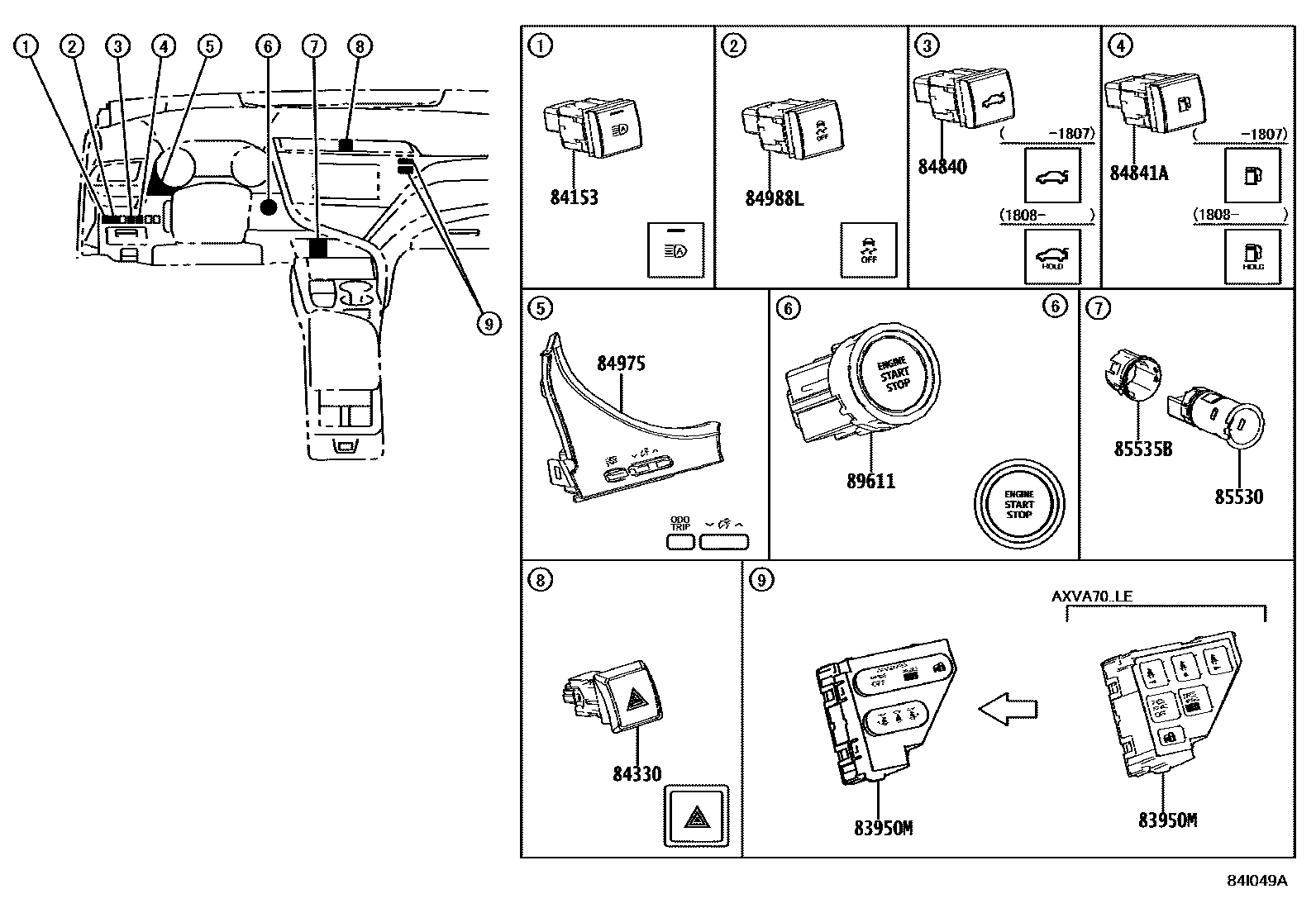 Toyota CAMRY 开关和继电器和ECU EPC diagram — 84I049A
