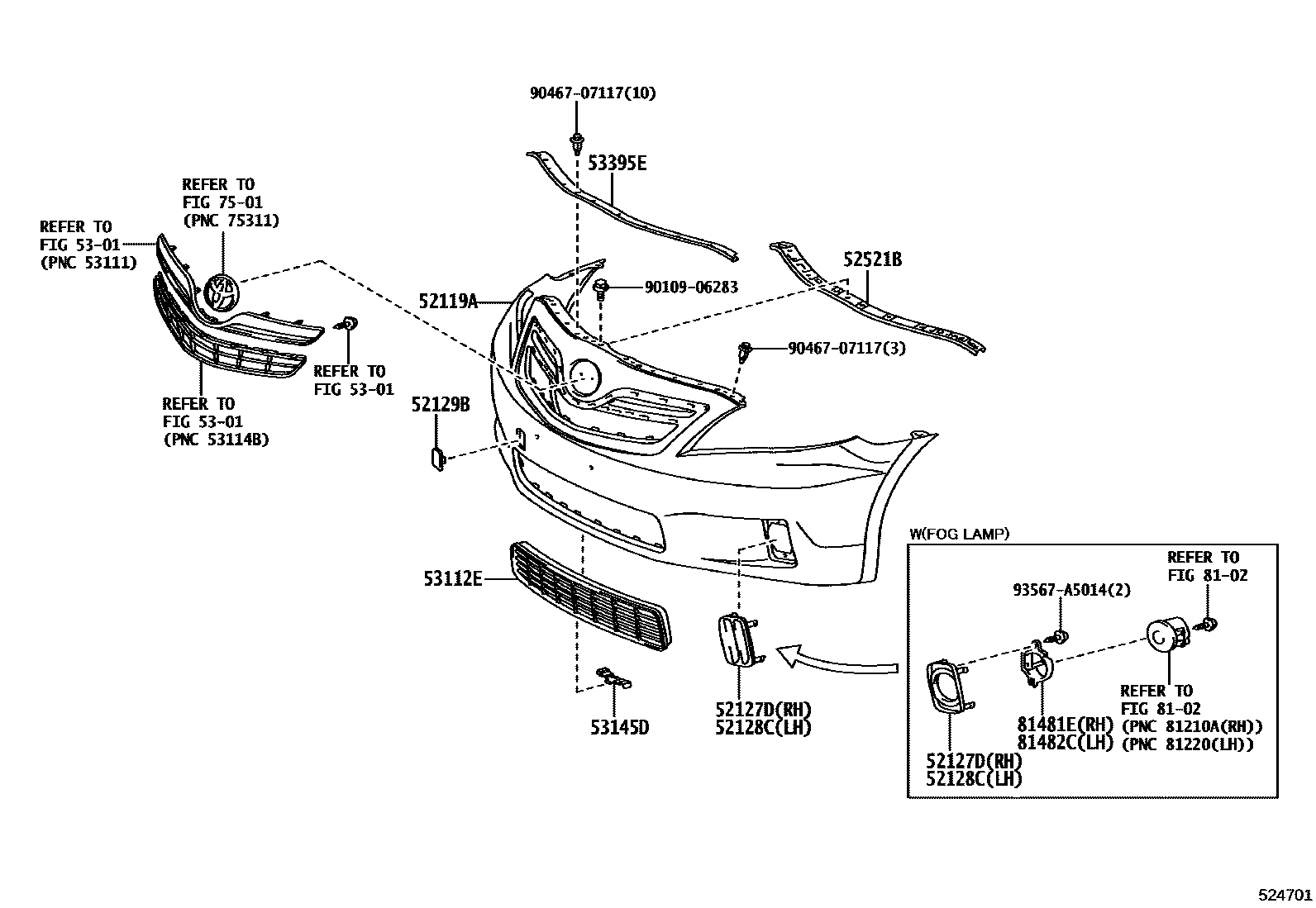 Toyota CAMRY 前保险杠及附件 EPC diagram — 524701