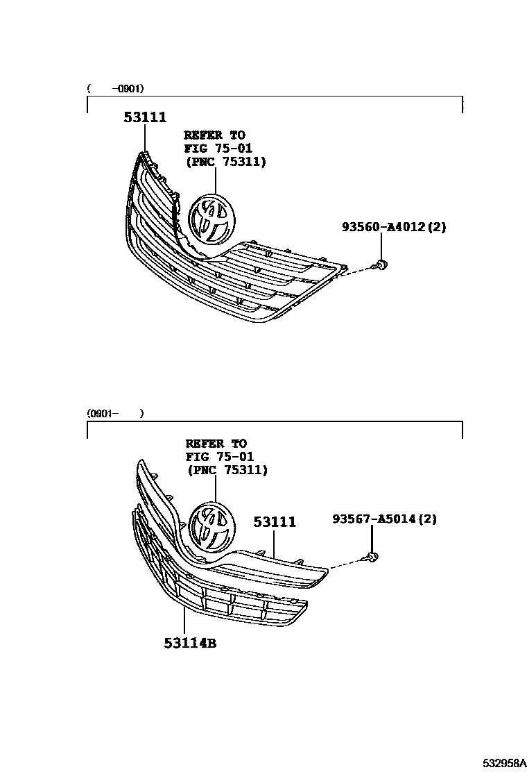 Toyota CAMRY radiator grille EPC diagram — 532958A