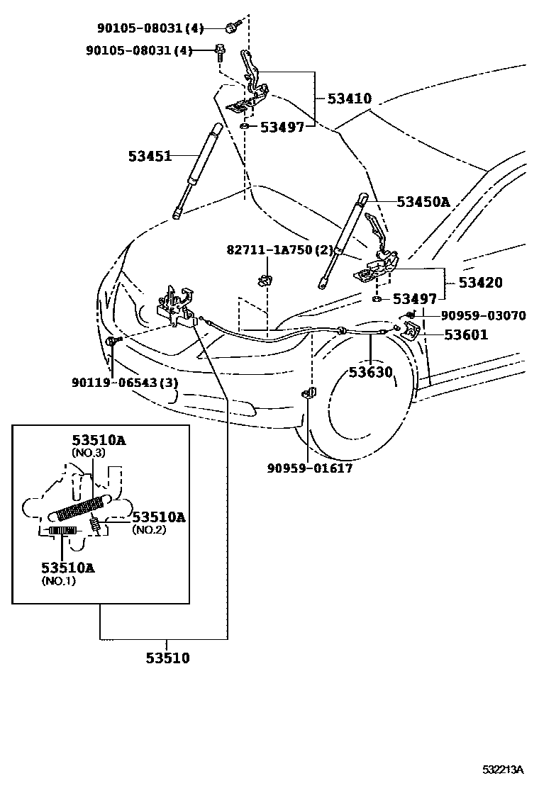 Toyota CAMRY 发动机盖锁和铰链 EPC diagram — 532213A