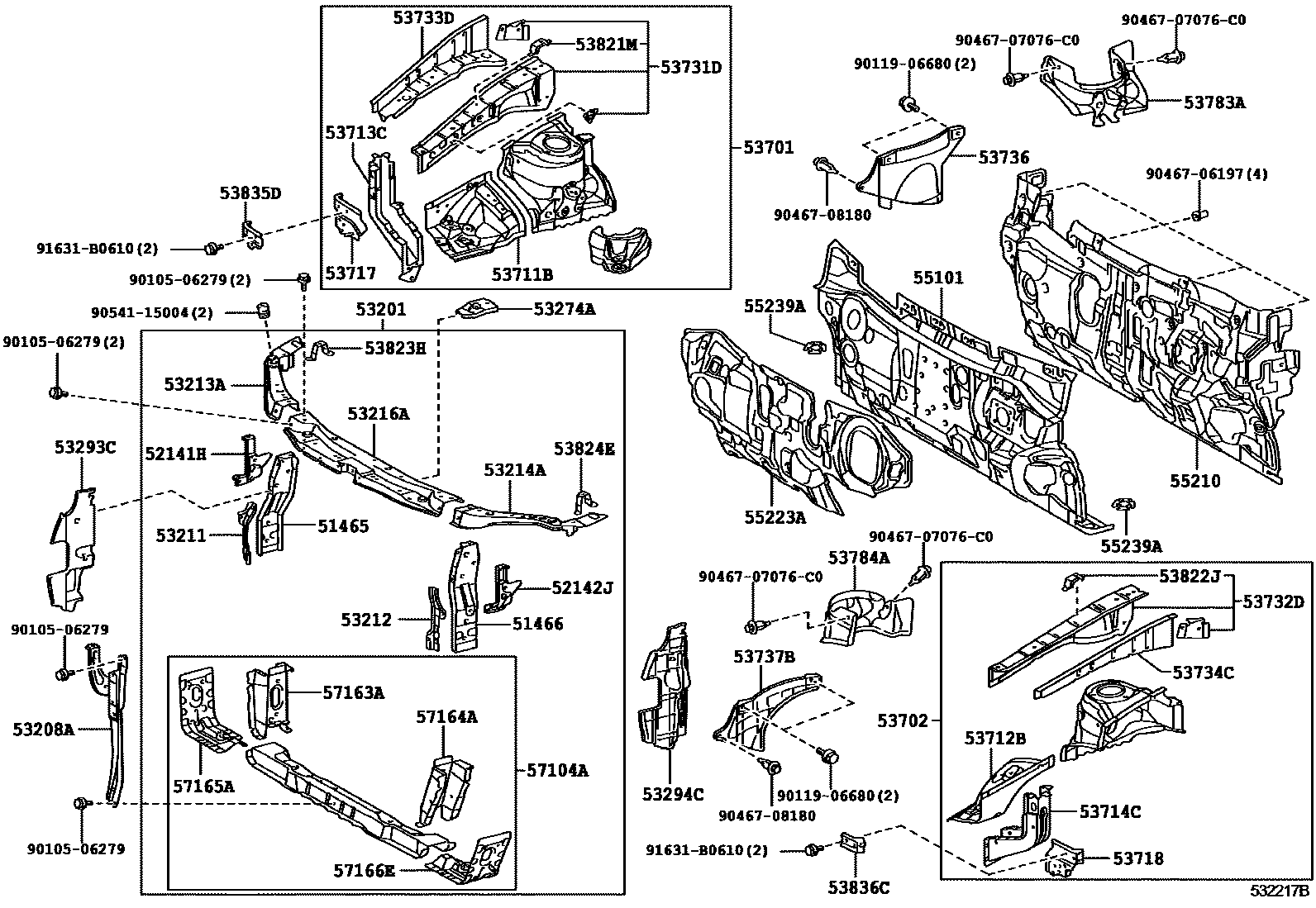 Toyota CAMRY 前翼子板挡泥板和前围板 EPC diagram — 532217B