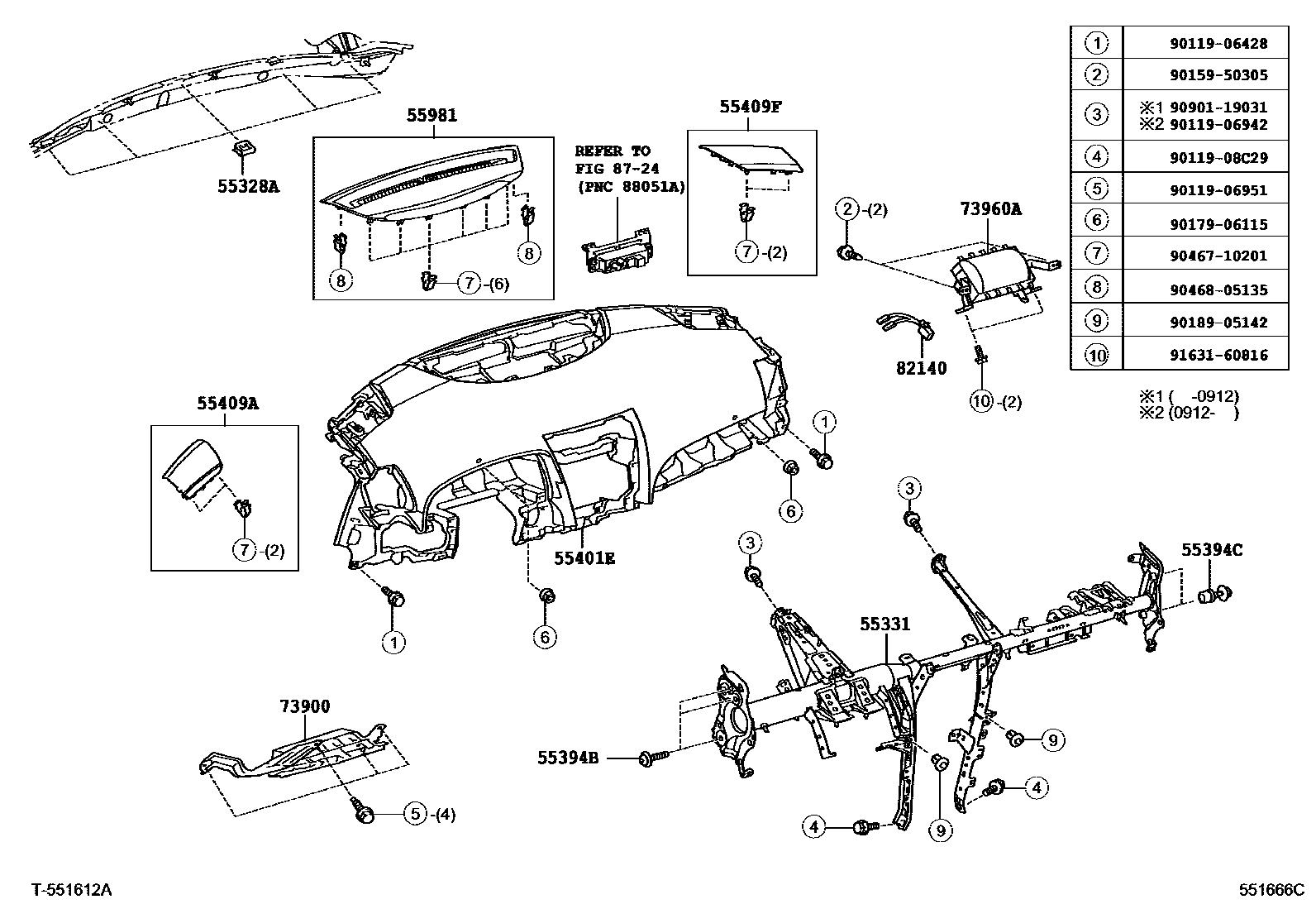 Toyota CAMRY 仪表板和手套箱 EPC diagram — 551666C