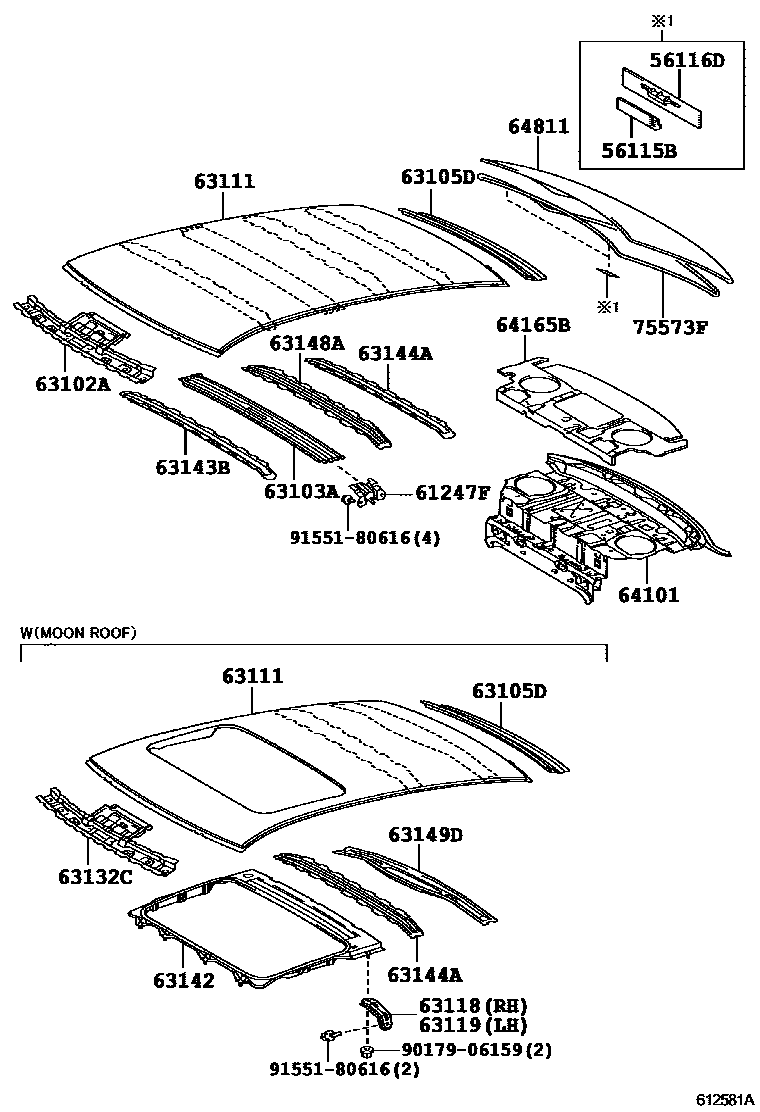Toyota CAMRY 天窗板和背窗玻璃 EPC diagram — 612581A