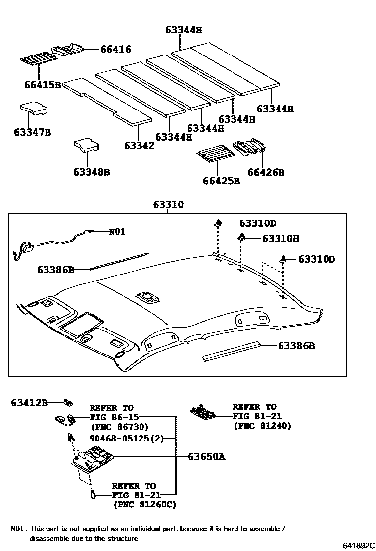 Toyota CAMRY 车顶内衬和消声垫 EPC diagram — 641892C