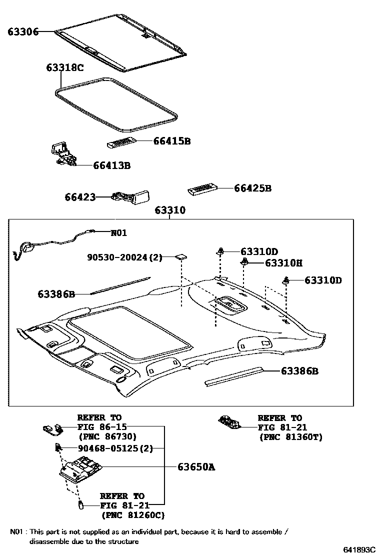 Toyota CAMRY 车顶内衬和消声垫 EPC diagram — 641893C