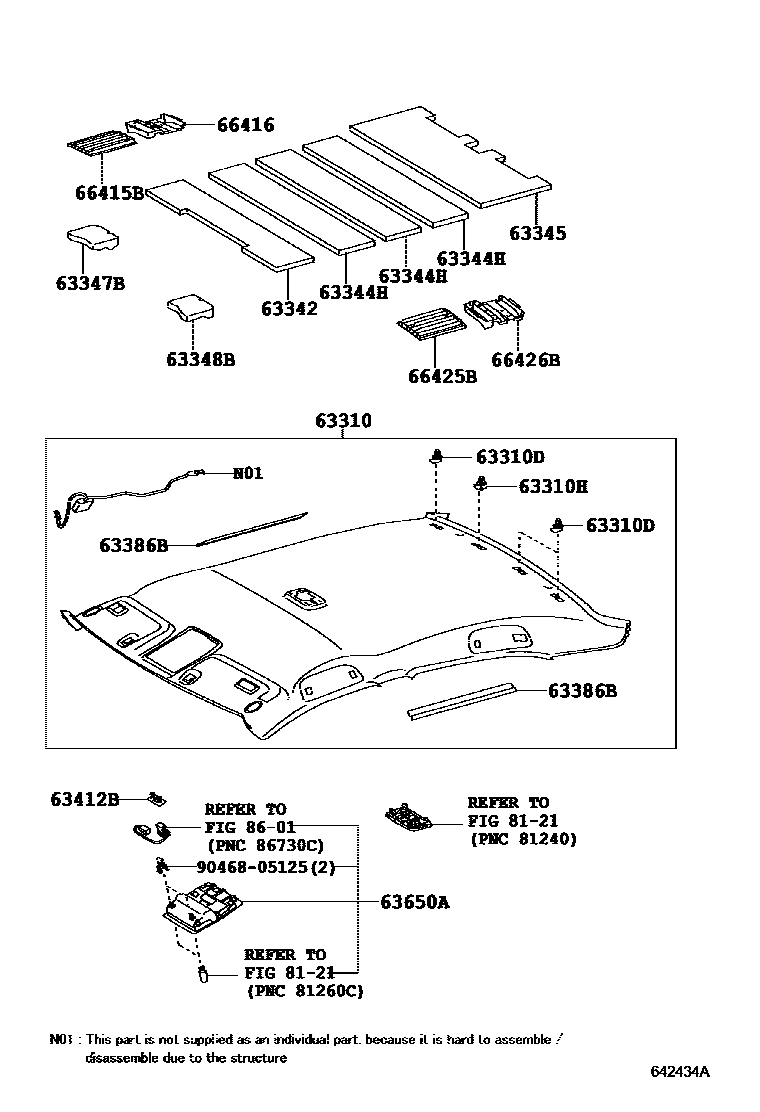 Toyota CAMRY 车顶内衬和消声垫 EPC diagram — 642434A