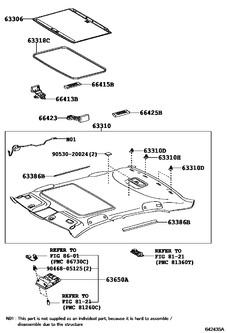 Toyota CAMRY 车顶内衬和消声垫 EPC diagram — 642435A