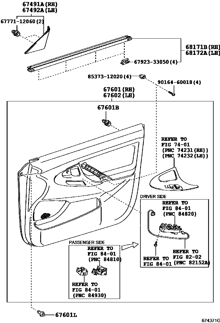 Toyota CAMRY 前门板和前门玻璃 EPC diagram — 674371G