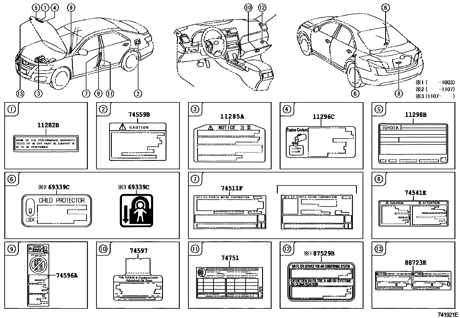 Toyota CAMRY 警示铭牌(车外和车内) EPC diagram — 741921E