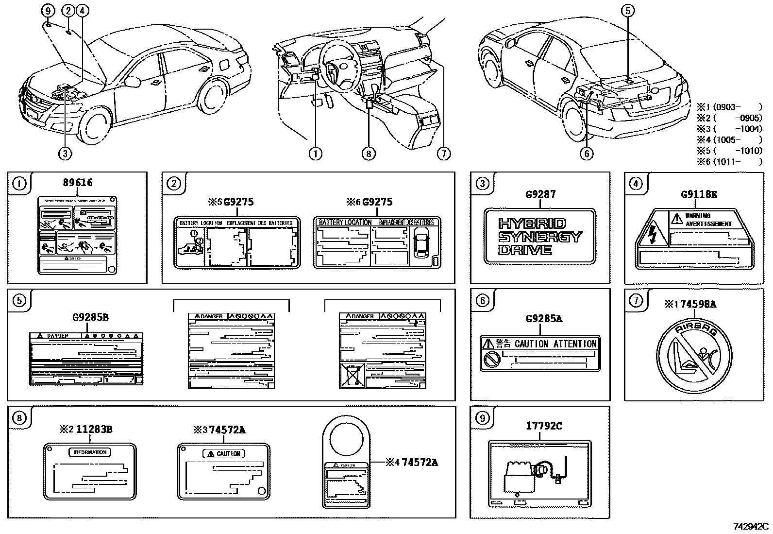 Toyota CAMRY 警示铭牌(车外和车内) EPC diagram — 742942C