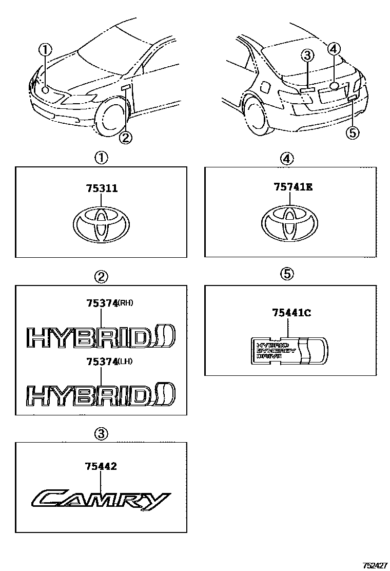 Toyota CAMRY 丰田徽标和铭牌(车外和车内) EPC diagram — 752427