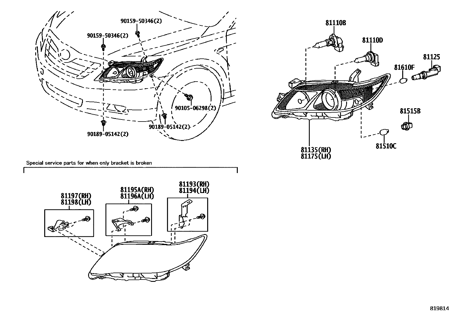 Toyota CAMRY Headlamp EPC diagram — 819814