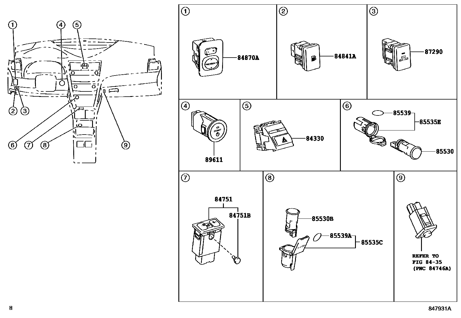 Toyota CAMRY 开关和继电器和ECU EPC diagram — 847931A