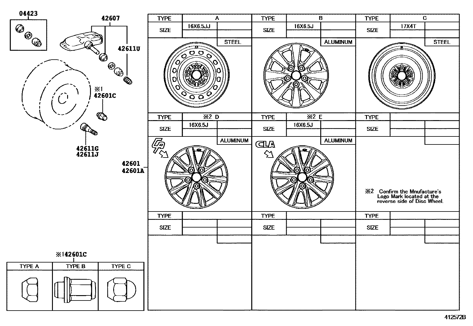 Toyota CAMRY 车轮和车轮盖 EPC diagram — 412572B
