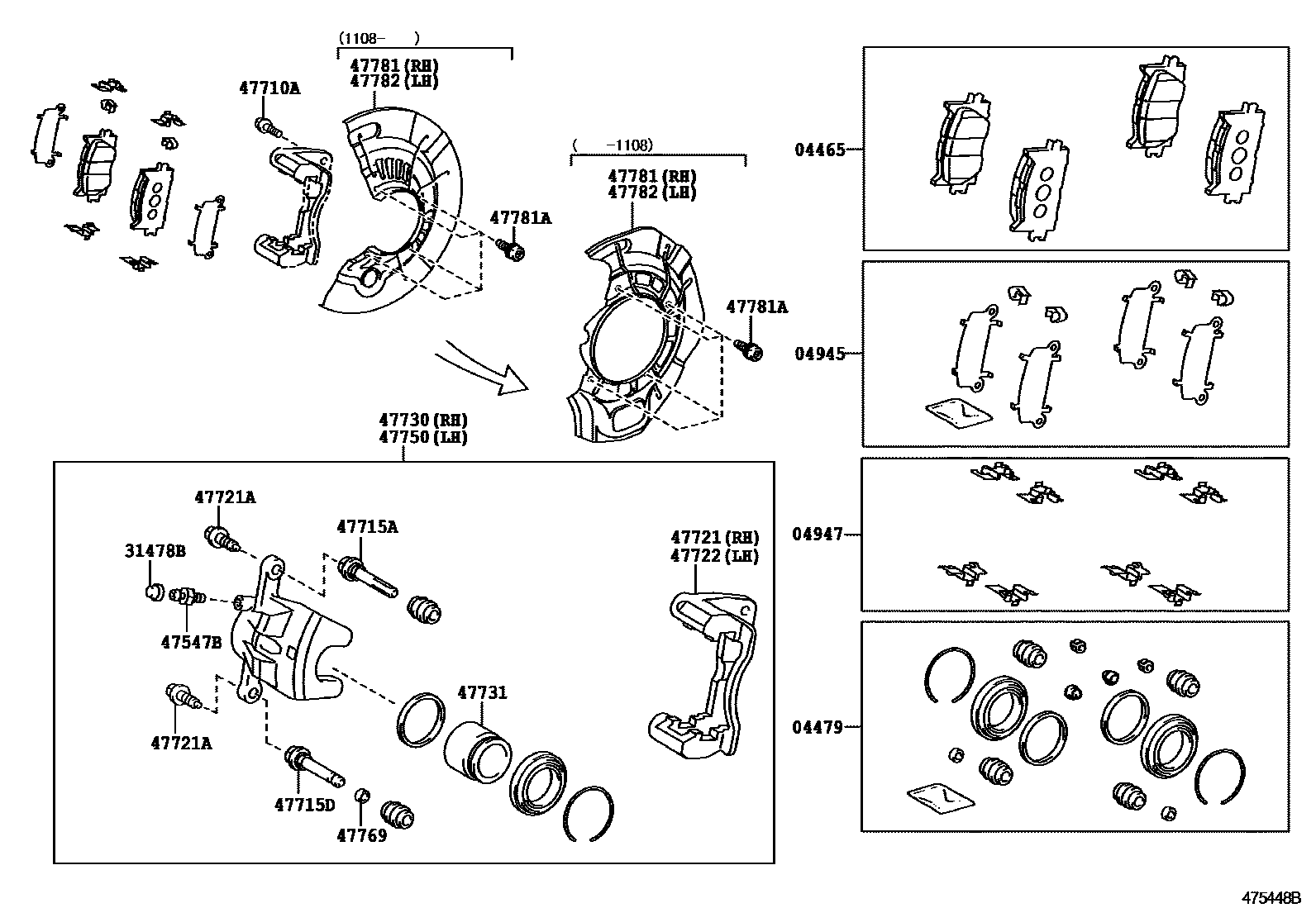 Toyota CAMRY 前盘式制动器卡钳和防尘罩 EPC diagram — 475448B