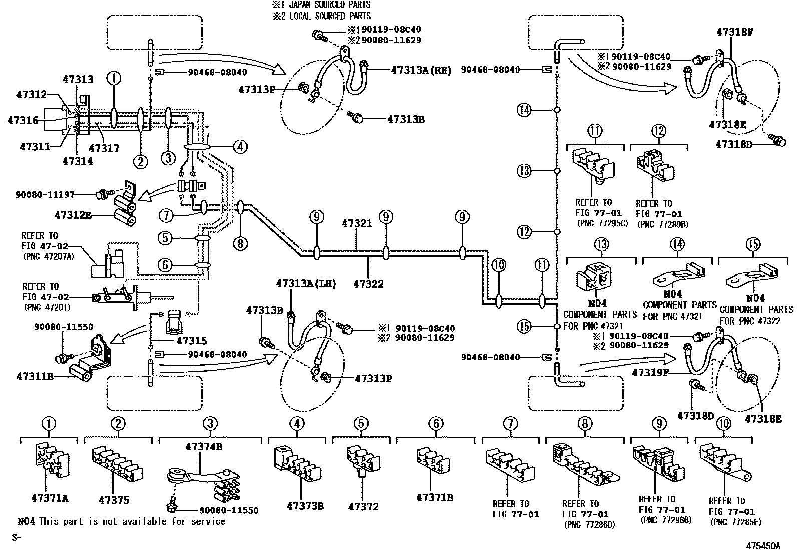 Toyota CAMRY 制动配管和卡箍 EPC diagram — 475450A
