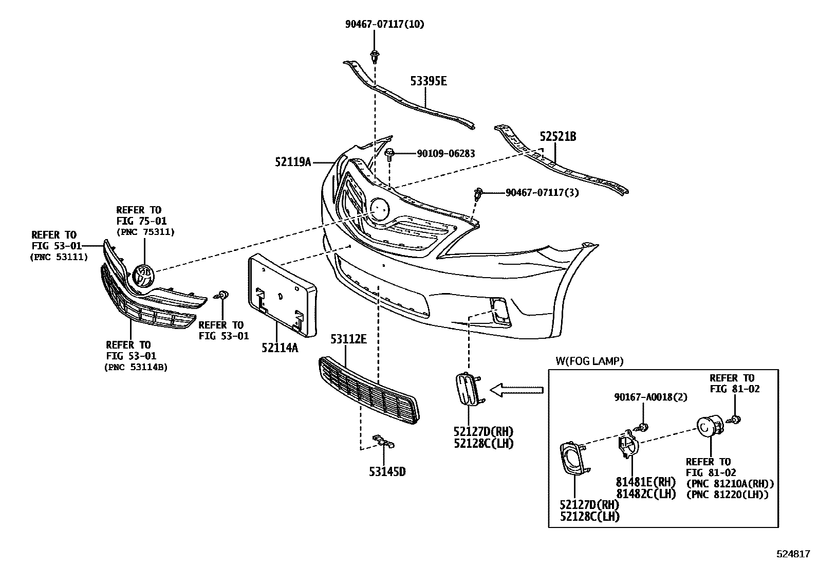 Toyota CAMRY 前保险杠及附件 EPC diagram — 524817