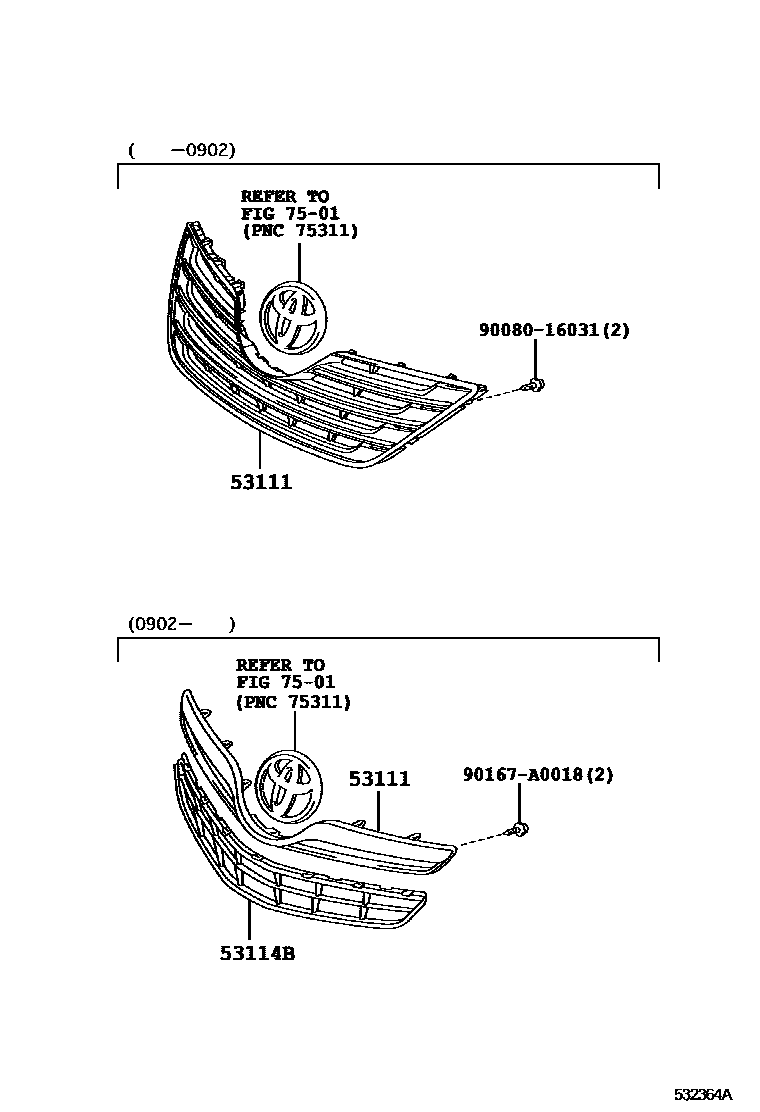 Toyota CAMRY radiator grille EPC diagram — 532364A
