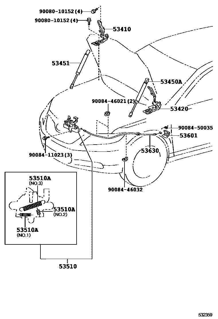Toyota CAMRY 发动机盖锁和铰链 EPC diagram — 532359