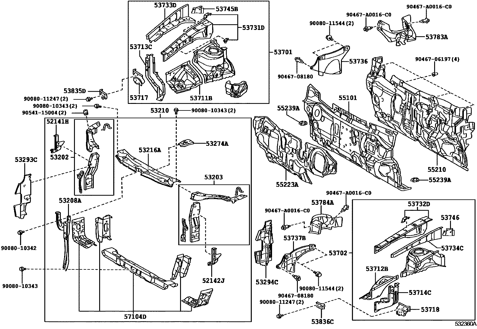 Toyota CAMRY 前翼子板挡泥板和前围板 EPC diagram — 532360A