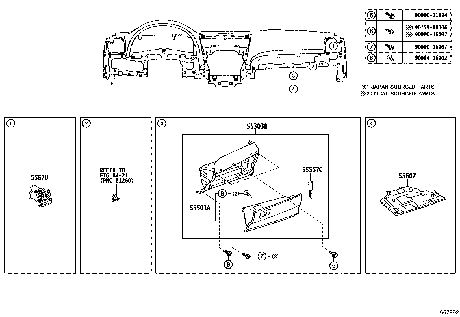 Toyota CAMRY 仪表板和手套箱 EPC diagram — 557692
