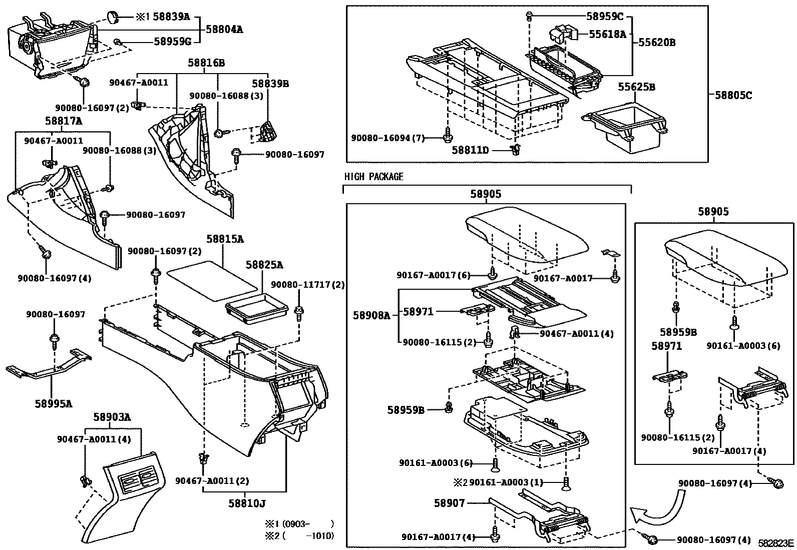 Toyota CAMRY 中央扶手箱和支架 EPC diagram — 582823E