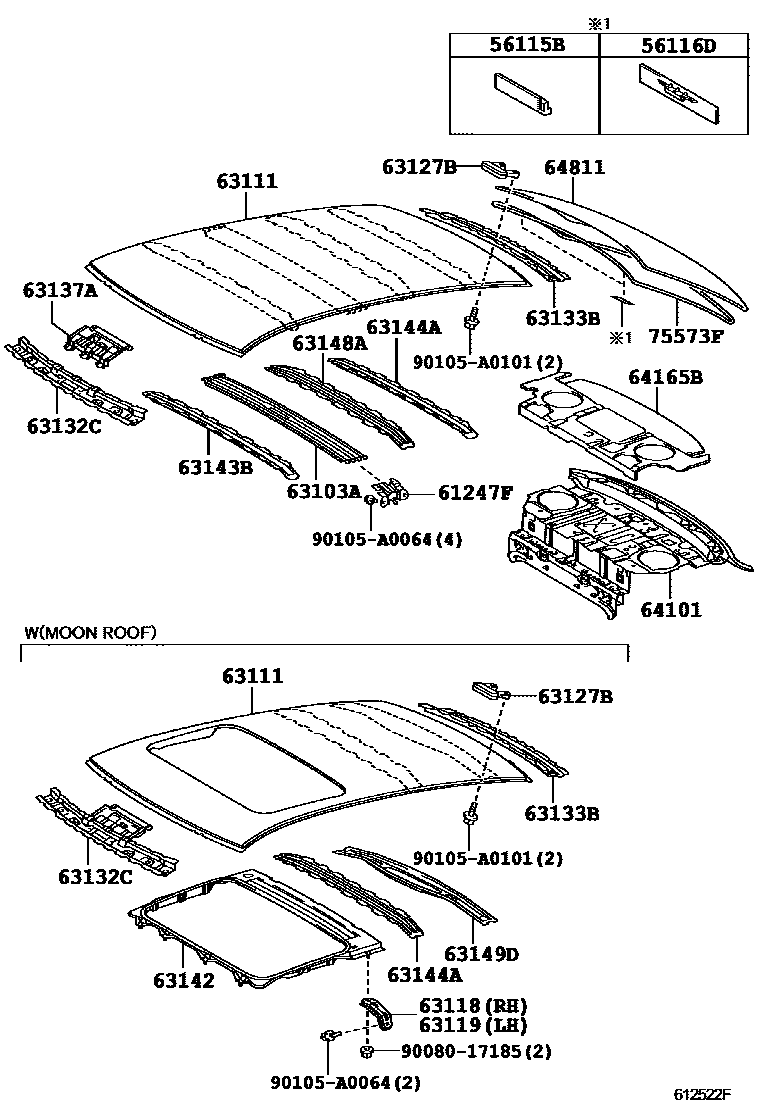 Toyota CAMRY 天窗板和背窗玻璃 EPC diagram — 612522F