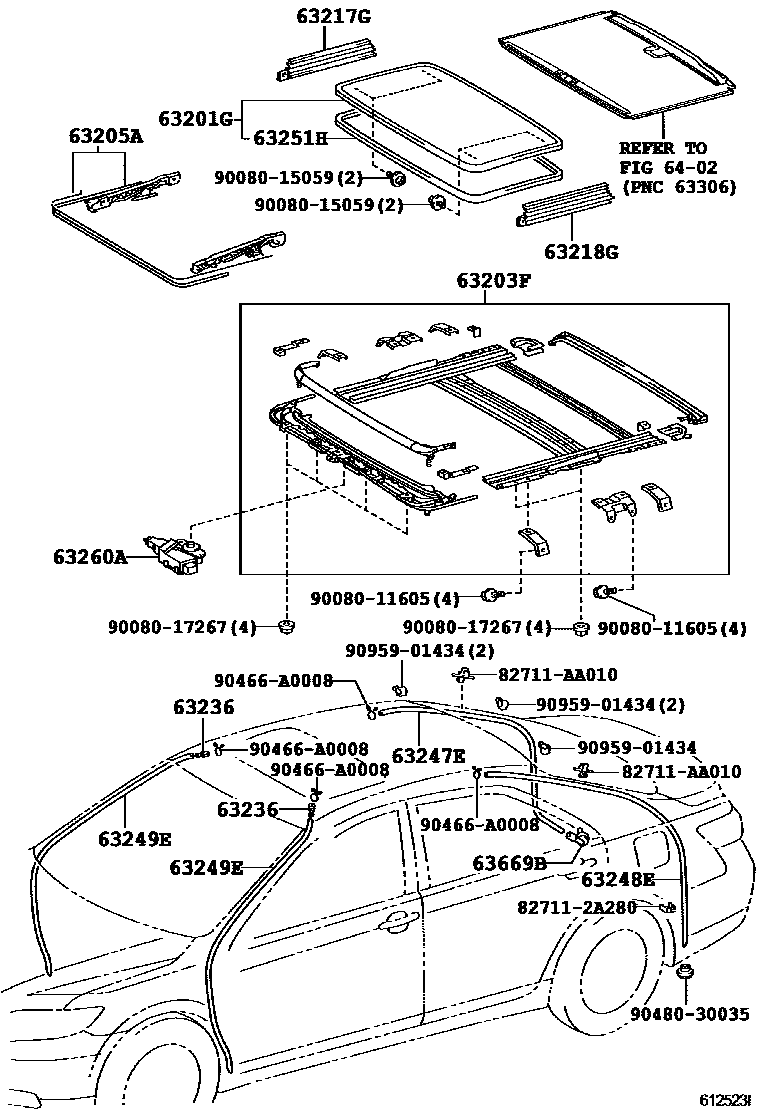 Toyota CAMRY 天窗板和背窗玻璃 EPC diagram — 612523I